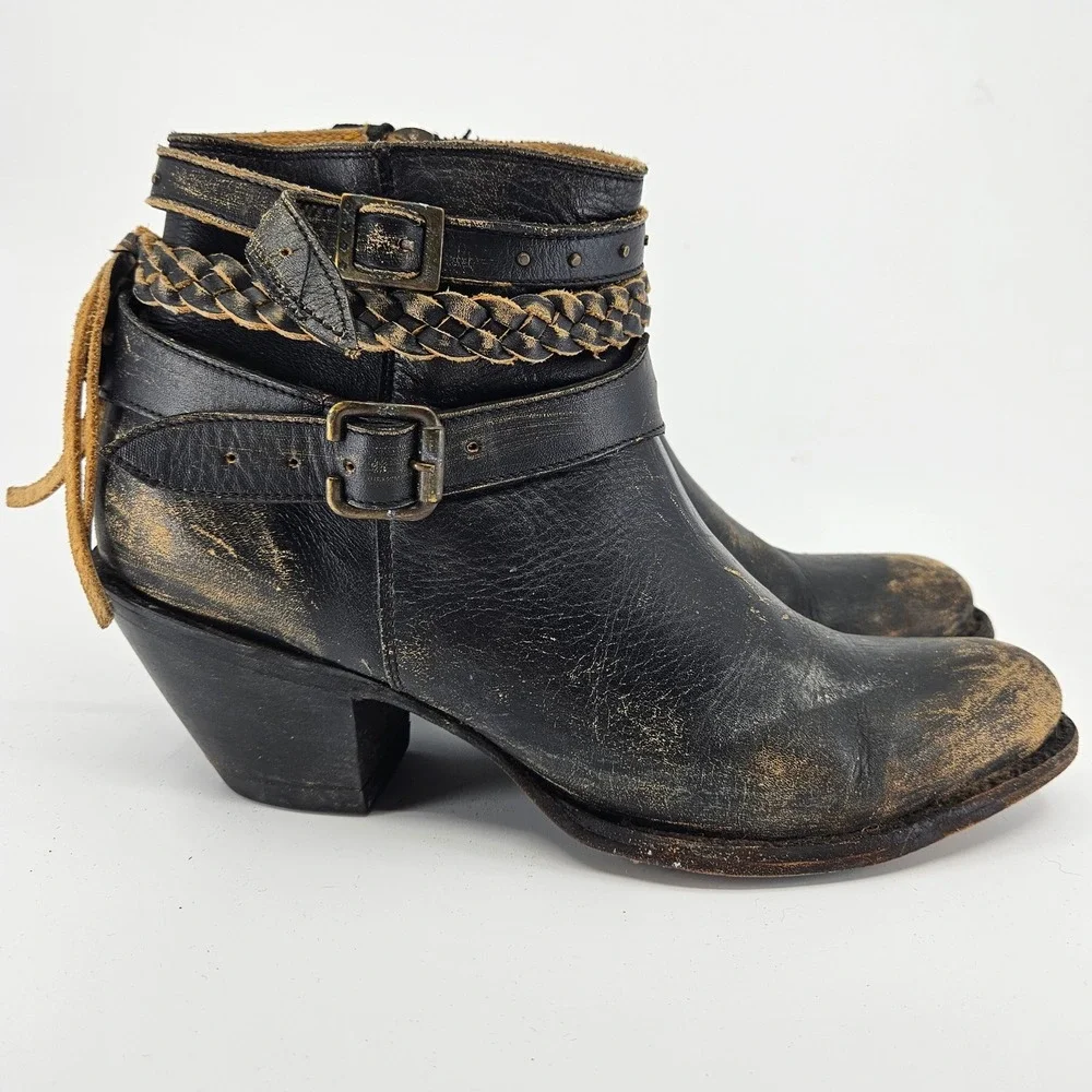 Idyllwind by Miranda Lambert Black Braided‎ Leather Ankle Boot Buckle Fringe